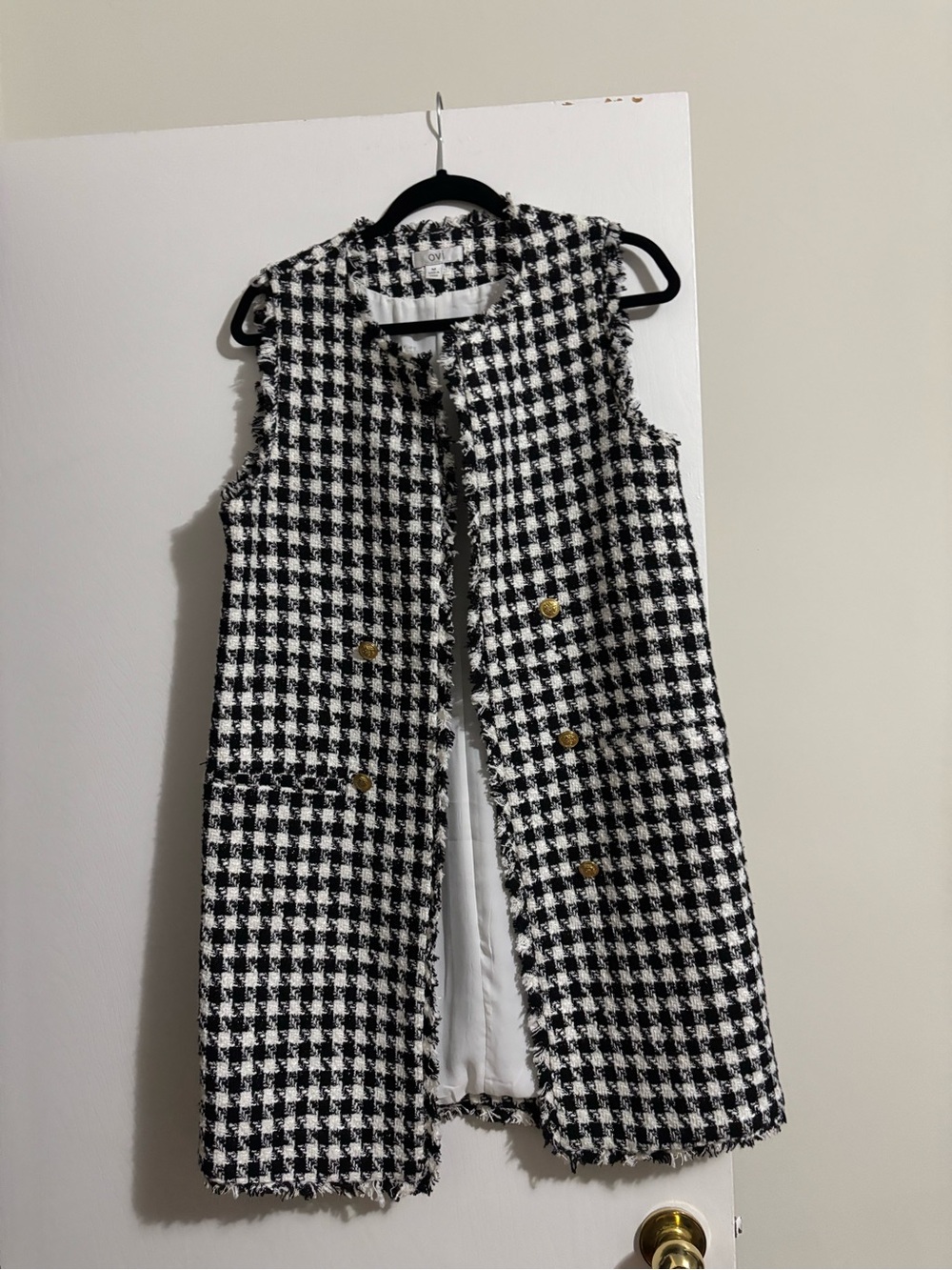 Ovi Black & White Houndstooth Sleeveless Tweed Coat